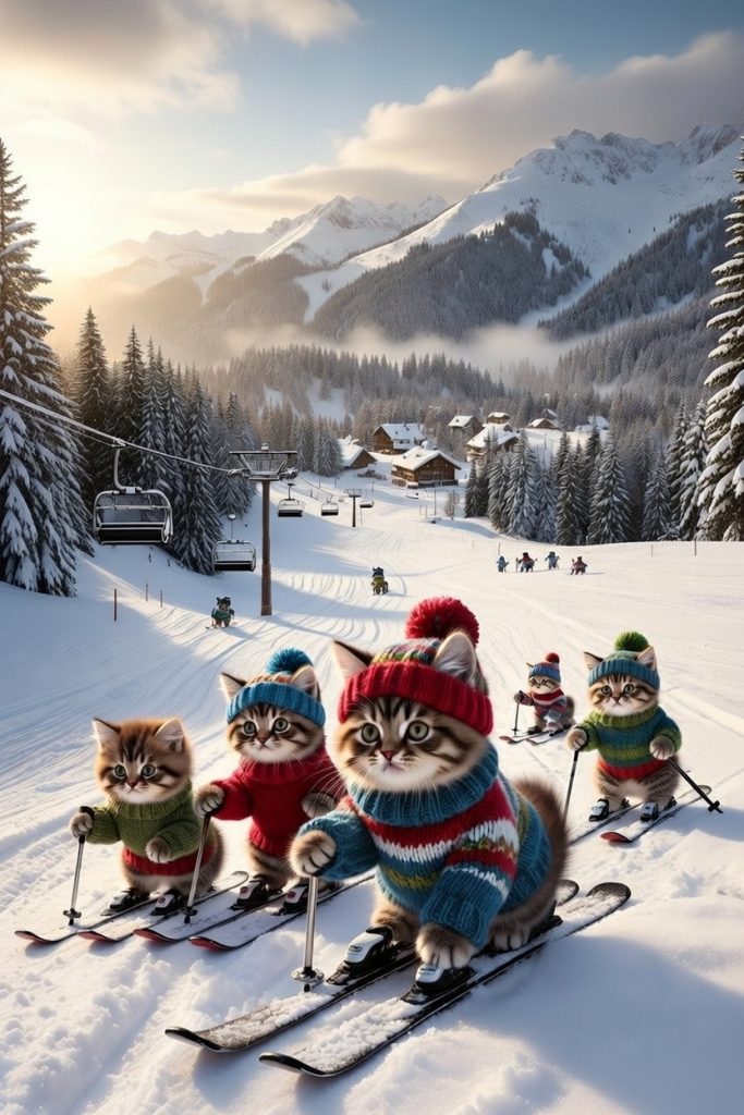Chatons mignons skiant sur piste enneigée pour illustrer les vacances de février 2026 – Réservez votre pension pour chats à Élancourt (78) au Royaume des Animaux