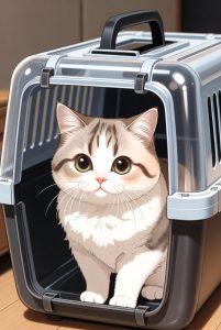 Chat dans sa caisse de transport confortable avec serviette et phéromones pour réduire le stress du trajet vers la pension